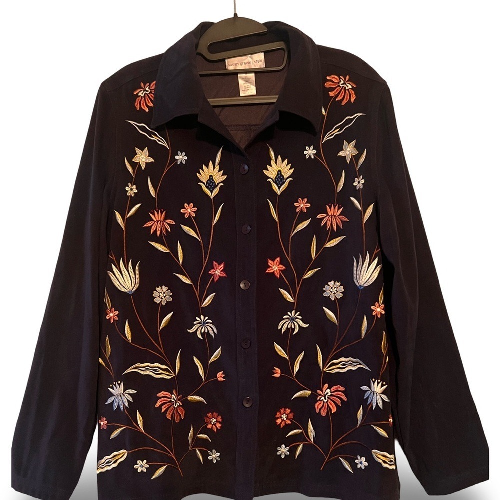 Vintage Susan Graver Style Medium Blue Embroidered Shirt Jacket Made Hong Kong‎